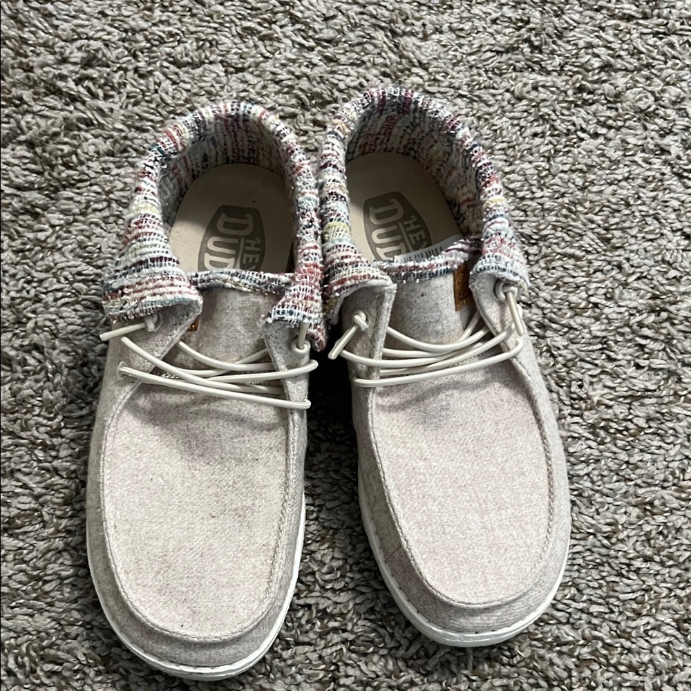 Women’s Hey Dude Light Tan booties with Multicolor Accents